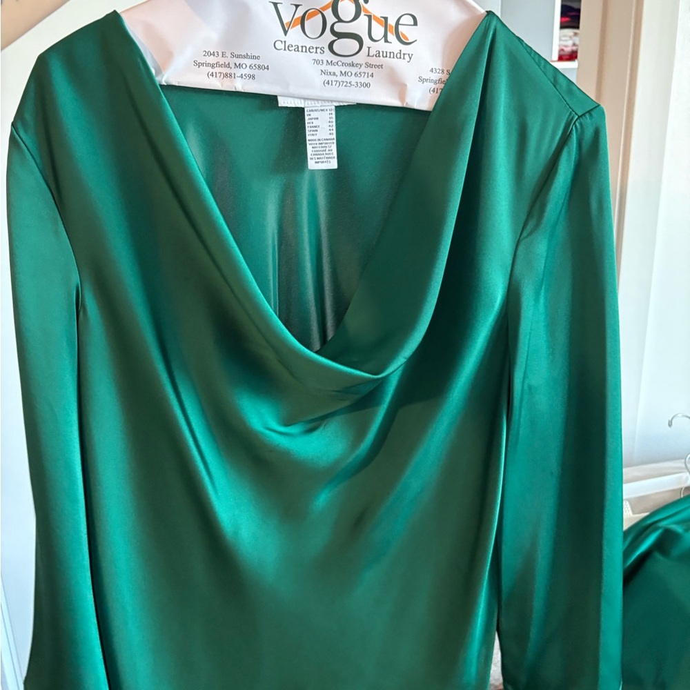 Satin Cowl Neck Long-Sleeve Dress in Emerald Green